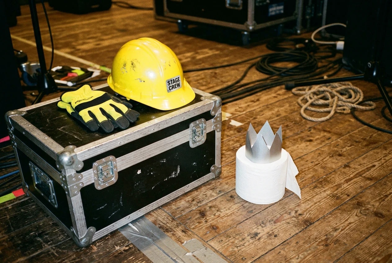 Flightcase met werkhandschoenen, helm en een toiletrol met kroontje